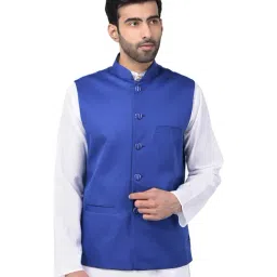 SG LEMAN Blue Solid Sleeveless Nehru Jacket-image-11