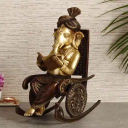eCraftIndia Lord Ganesha Reading Book and Sitting on Rocking Chair Antique Look Handcrafted Premium Brass Figurine-image-26