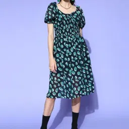Melon by Pluss Black & Green Printed A-Line Dress-image-42