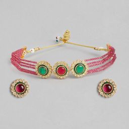 Anouk Pink Beaded Kundan Pendent Necklace Earring Set-image-23