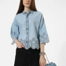 Only Light Blue Self Design Denim Shirt-image-63