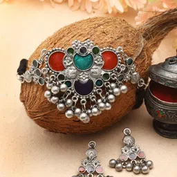 Moedbuille Silver-Plated Stone & Ghungroo-Studded Oxidised Jewellery Set-image-83