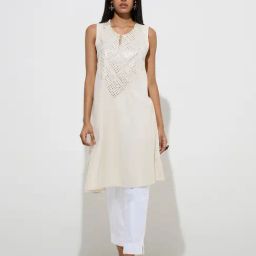 Utsa by Westside Off-White Mirror-Embroidered A-Line Cotton-Blend Kurta-25