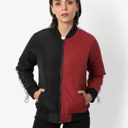 Campus Sutra Black & Maroon Color-Block Bomber Jacket image 1