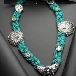 Moedbuille Stone Studded Antique Design Oxidised Silver Plated Handcrafted Bohemian Jute Necklace-image-96