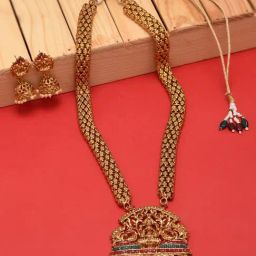 Zaveri Pearls Antique Gold Tone Bridal Collection Long Temple Necklace & Earring Set-ZPFK10177-image-84