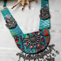 Moedbuille Crystals Studded Handwoven Antique Design Oxidised Silver Plated Tasselled Necklace-image-16