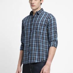 Dennis Lingo Blue Cotton Slim Fit Checks Shirt-image-44