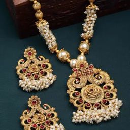 Panash Gold Plated Stone Studded Peacock Pearls Jewellery Set-24