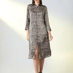 Showoff Brown Crepe Regular Fit Animal Print Dress-image-40