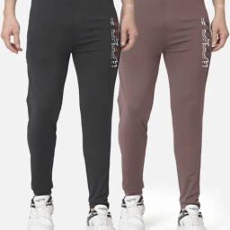 Bullmer Dark Grey & Taupe Cotton Slim Fit Printed Sports Trackpants- Pack Of 2-image-34