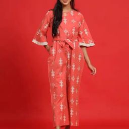 Juniper Peach Geometric Printed Cotton Flex Jumpsuit With Zip Closure-image-83