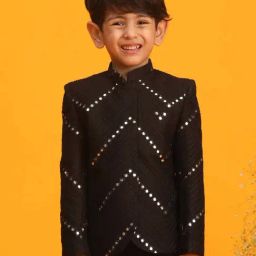 VASTRAMAY Boys Black Embroidery Full Sleeves Indowestern-image-56