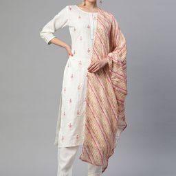 SheWill Women Off White Ethnic Motifs Embroidered Sequined Kurta with Trousers & Dupatta-picture-13