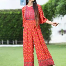 Juniper Coral Ethnic Motif Printed Rayon Flared Jumpsuit-image-98