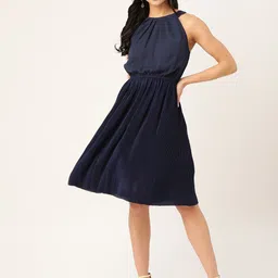 DODO & MOA Women Navy Blue Solid Accordion Pleated Blouson Dress-image-34