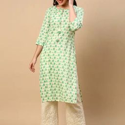 SHOWOFF Cream & Green Printed Kurta-image-28