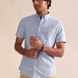 ANDAMEN Light Blue Slim Fit Cotton Shirt-image-63