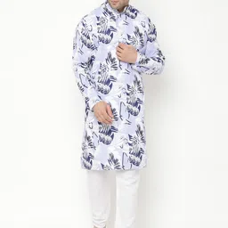 Hangup Men White & Blue Floral Printed Kurta with Pyjamas-23