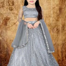 F Plus Fashion Girls Grey Net Semi-Stitched Lehenga Choli-image-90