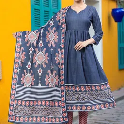 MORDEN MUSE Ethnic Motifs Printed Tiered A-Line Kurta With Trousers & Dupatta-picture-5