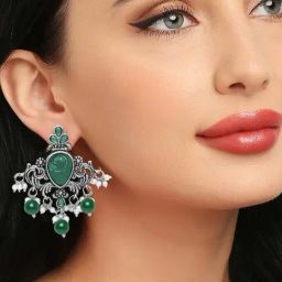 OOMPH Jewellery Oxidized Silver Green Stone with Beads Ethnic Dangler-21