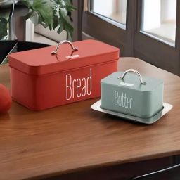 HAZEL Red and Olive Green Galvanized Metal Bread Butter Box - Set of 2 (4.1L)-16