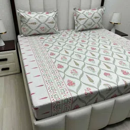Pure Decor Royal Passion Green Floral Cotton 300 TC Queen Bedsheet Set 2.28 m x 2.54 m-image-89