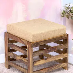 Ikiriya Houston Sheesham Wood Contemporary Square Stool with Jute Beige Cushion-55