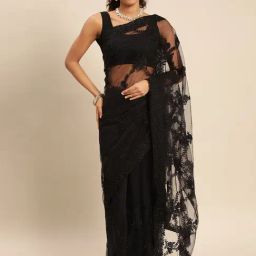 AYKA CLOTHINGS Black Net Embroidered Saree With Unstitched Blouse-picture-2