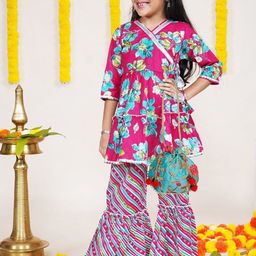 KiddoPanti Girls Floral Printed Pure Cotton A Line Kurta with Sharara-picture-31