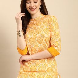 all about you Women Gold-Toned & White Printed Kurta-25