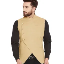Hypernation Khaki Slim Fit Solid Cotton Waistcoat-image-83