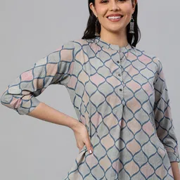 KAMI KUBI High-Low Ethnic Motifs Print Mandarin Collar Cotton Tunic-image-31