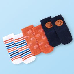 Cute Walk By Babyhug Anti Bacterial Ankle Length Socks Stripes & Basket Ball Design Pack Of 3 - Orange White & Blue-picture-28