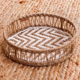Sirohi  Radha Jute and Cotton Round Tray - Medium-  Beige & White-10
