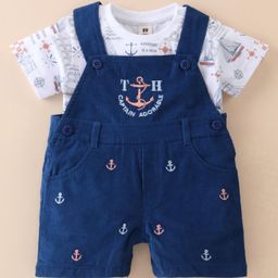 ToffyHouse 100% Cotton Woven Half Sleeves T-Shirt & Dungaree with Anchor Print & Embroidery - Navy Blue-image-13