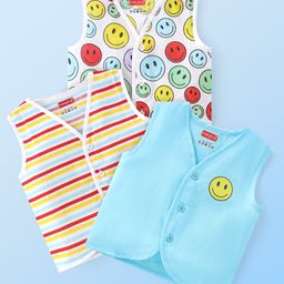 Babyhug 100% Cotton Knit Sleeveless Jhablas Striped & Emoji Print  Pack of 3 - Blue & White-25