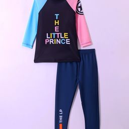 KIDLINGSS Full Sleeves Little PrinceText Printed Swimsuit - Blue Black & Pink-image-5