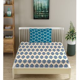 Trance Home Linen Pure Cotton Single Flat Bedsheet with 1 Pillow Cover- Damask & Dori Blue-image-122