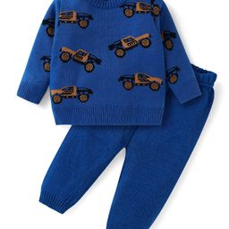 Babyhug Knitted Full Sleeves Pullover Sweater Set with Truck Design - Blue-image-99