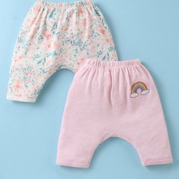 Ben Benny 100% Cotton Interlock Knit Ultra Comfort Diaper Leggings Floral & Rainbow Print Pack of 2 - Light Pink & White-image-44