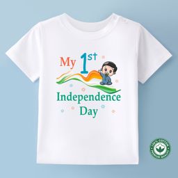 BLUSHES Independence Day Theme 100% Cotton Half Sleeves My First Independence Day Text Printed Tee - White-image-97