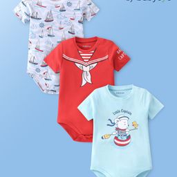 Babyoye 100% Cotton Knit with Eco Jiva Finish Half Sleeves Onesies Boat Print Pack of 3 - Red Blue & White-image-40