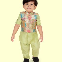 ETHNIKS NEURON Chanderi Silk Full Sleeves Solid Kurta Pyjama With Abstract Printed Jacket - Parrot Green-picture-10