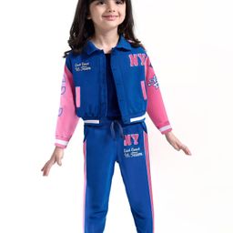 Babyhug Terry Knit Full Sleeves Bomber Jacket & Lounge Pant Set With Text Print - Blue & Pink-image-97