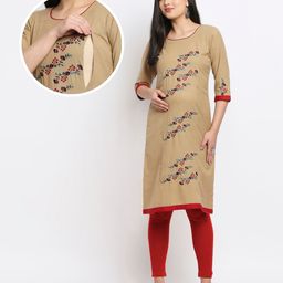 True Shape Three Fourth Sleeves Floral Embroidered Maternity Kurta With Concealed Zipper Nursing Access - Beige-image-47