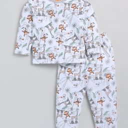 Snuggly MONKEY Single Jersey Knit Full Sleeves Wild Animals Printed Coordinating Night Suit Set - White-image-50