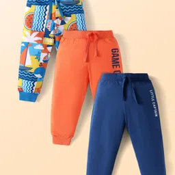Babyhug Single Jersey Knit Full Length LoungePants with Beach Theme Print Pack of 3 - Navy & Orange-picture-21