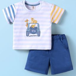 ToffyHouse Knit Half Sleeves Striped T-Shirt & Shorts Set With Animal & Car Embroidery - Light & Navy Blue-image-25